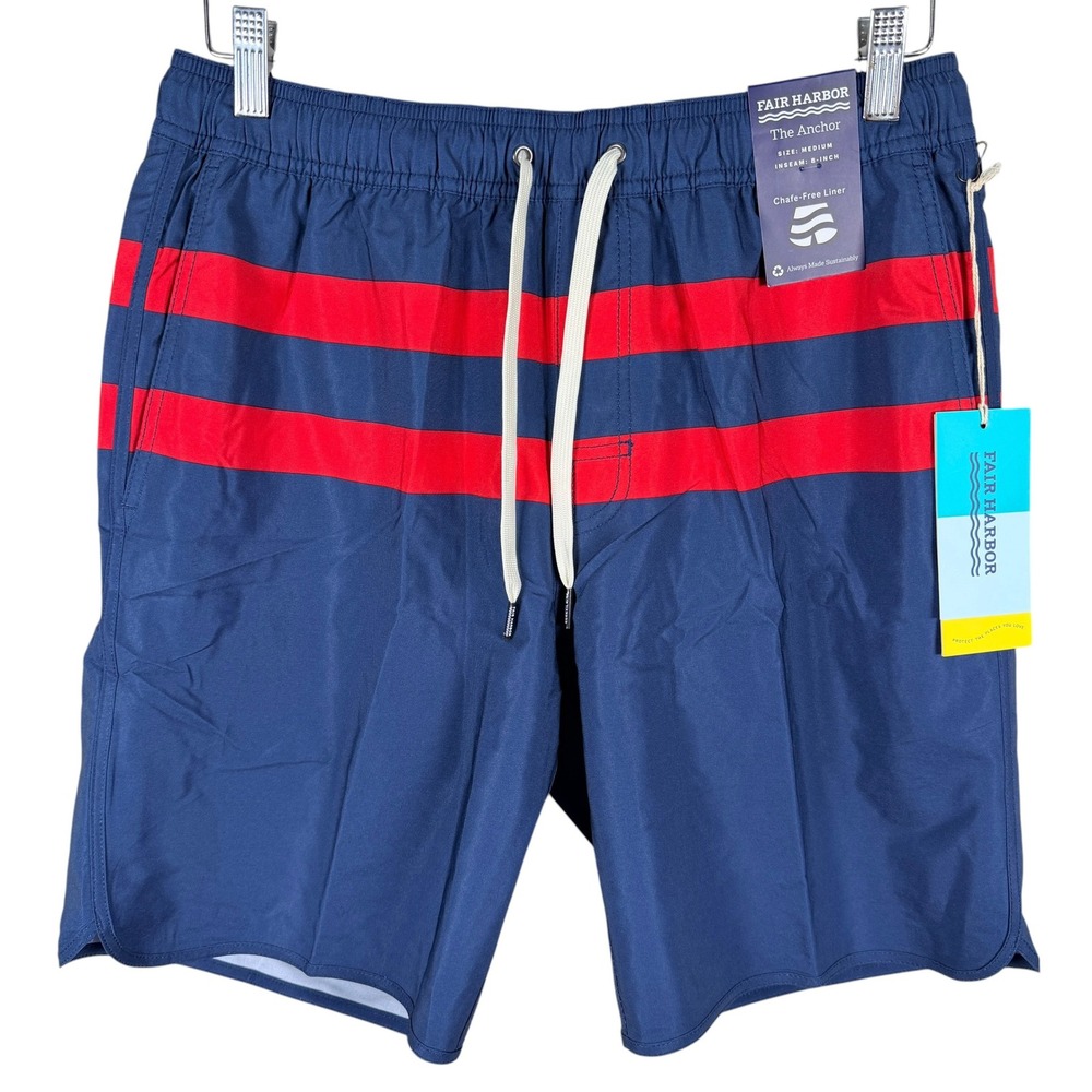 Fair Harbor The Anchor Swim Trunks Men M Navy Blue Red Striped 8" Inseam NEW